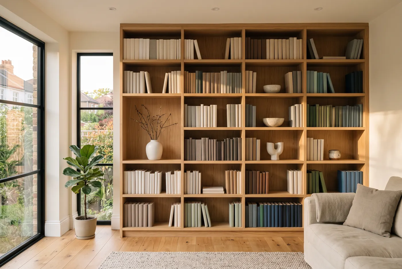 Bibliothèque toute hauteur en chêne clair, sur mesure, dans un salon lumineux